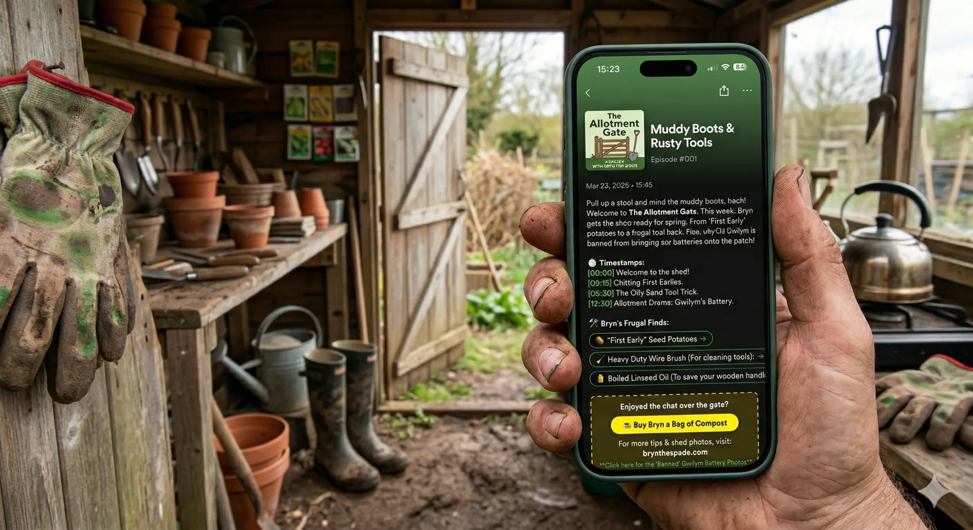 Bryn in the shed holding a phone with The Allotment Gate notes
